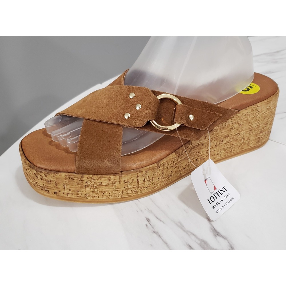 NEW NO BOX SZ 9 - LOTTINI Wedge‎ Sandals Gold Brown Suede Buckle Open Toe Boho